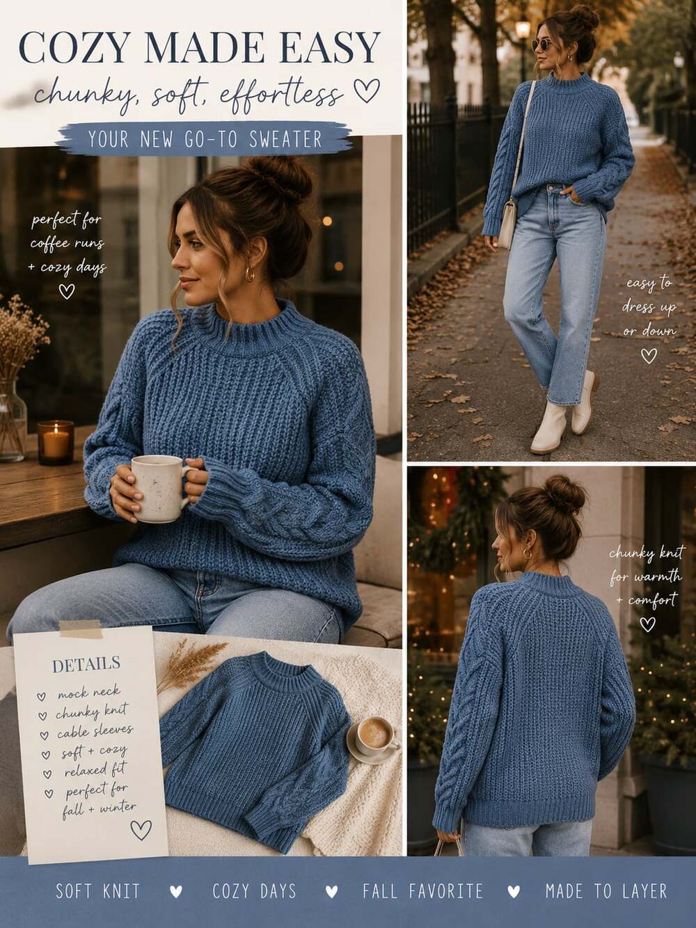 a.n.a A New Approach Blue Chunky Cable Sleeve Mock Neck Sweater Size M